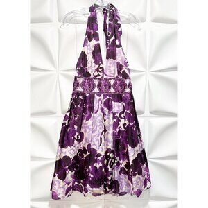 Adrianna Papell Sz 8 Purple Silk Blend Floral Print m Deep V Neck Halter Dress